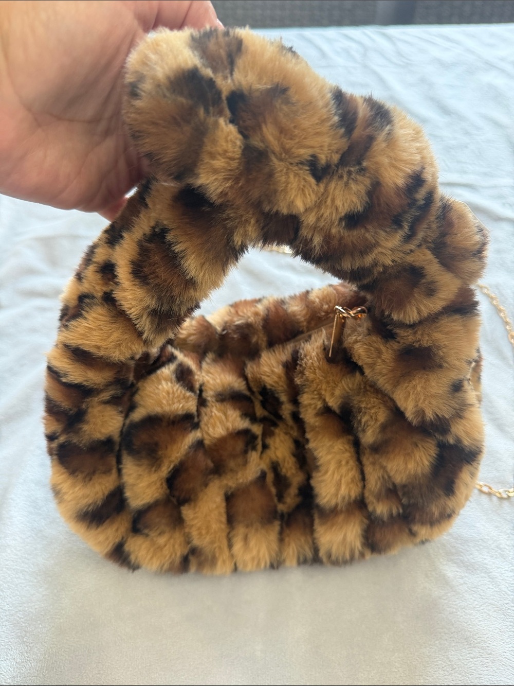 Faux Fur Leopard Print Handbag with Chain Strap